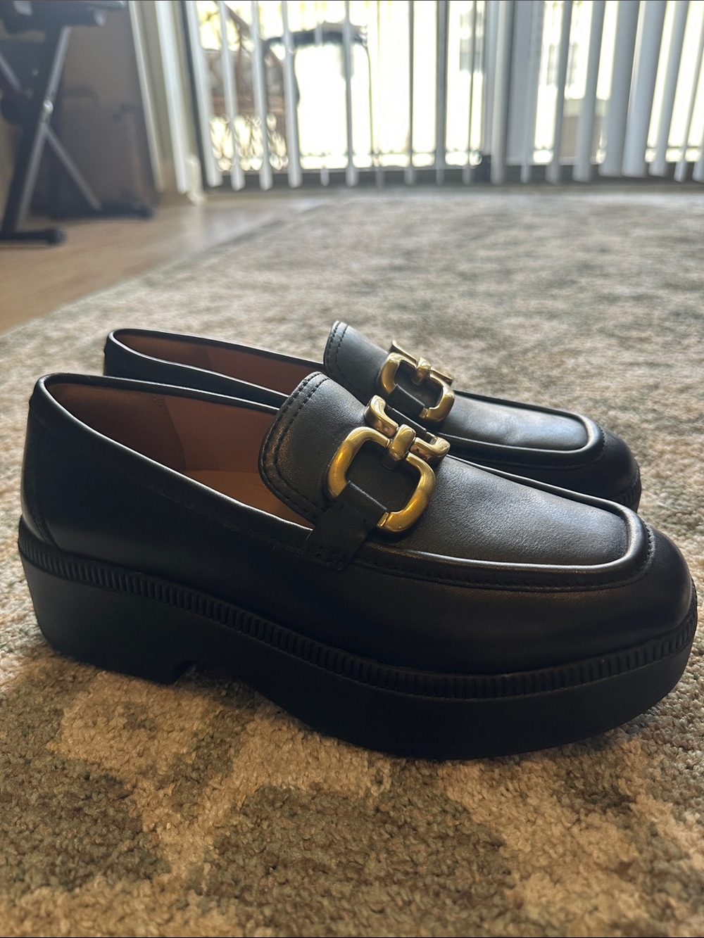 Fitflop Black Platform Loafers with Gold Bit Hardware